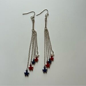 Silver Star Dangle Earrings with Red and Blue Accents